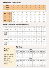 Extended Size Guide of Pink ruffle top sewing pattern 