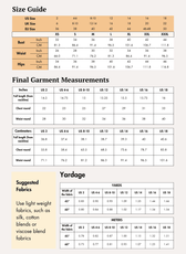 Size Guide of Pink ruffle top sewing pattern 