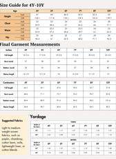 Size guide for 4Y-10Y with measurements for height, chest, waist, hip, and final garment dimensions in inches and centimeters