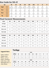 Size guide for NB-4Y and 4Y-10Y with measurements for height, chest, waist, hip, and final garment dimensions in inches and centimeters