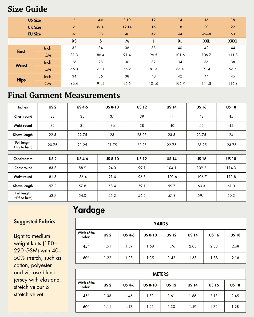 Size guide and yardage chart for Diana long sleeve turtleneck tshirt sewing pattern, covering US sizes 0–18 with fabric suggestions.
