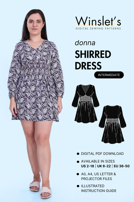 Donna Shirred Dress sewing pattern by Winslet’s. Features a shirred bodice, flared skirt, and long sleeves. Digital PDF download with illustrated instructions.