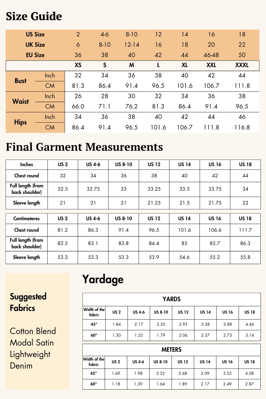 Size guide and fabric recommendations for the Donna Shirred Dress pattern. Includes US, UK, and EU sizes, garment measurements, and suggested fabrics.