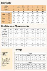 Size guide and fabric recommendations for the Donna Shirred Dress pattern. Includes US, UK, and EU sizes, garment measurements, and suggested fabrics.