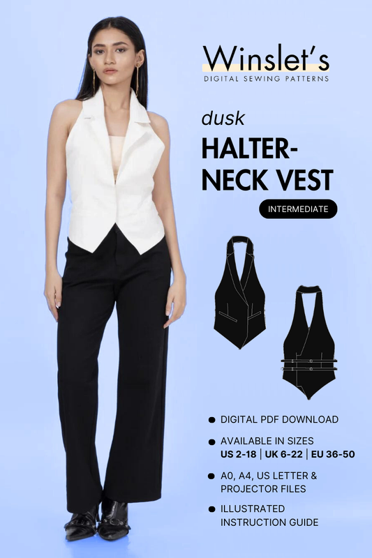 Halter Neck Vest Sewing Pattern from Winslet's, available in sizes US 2-18, UK 6-22, EU 36-50. Includes A0, A4, Letter, and Projector files for digital download.