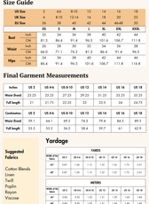 Size guide and fabric recommendations for the Halter Neck Vest Sewing Pattern. Includes measurements for US, UK, and EU sizes, along with yardage requirements.