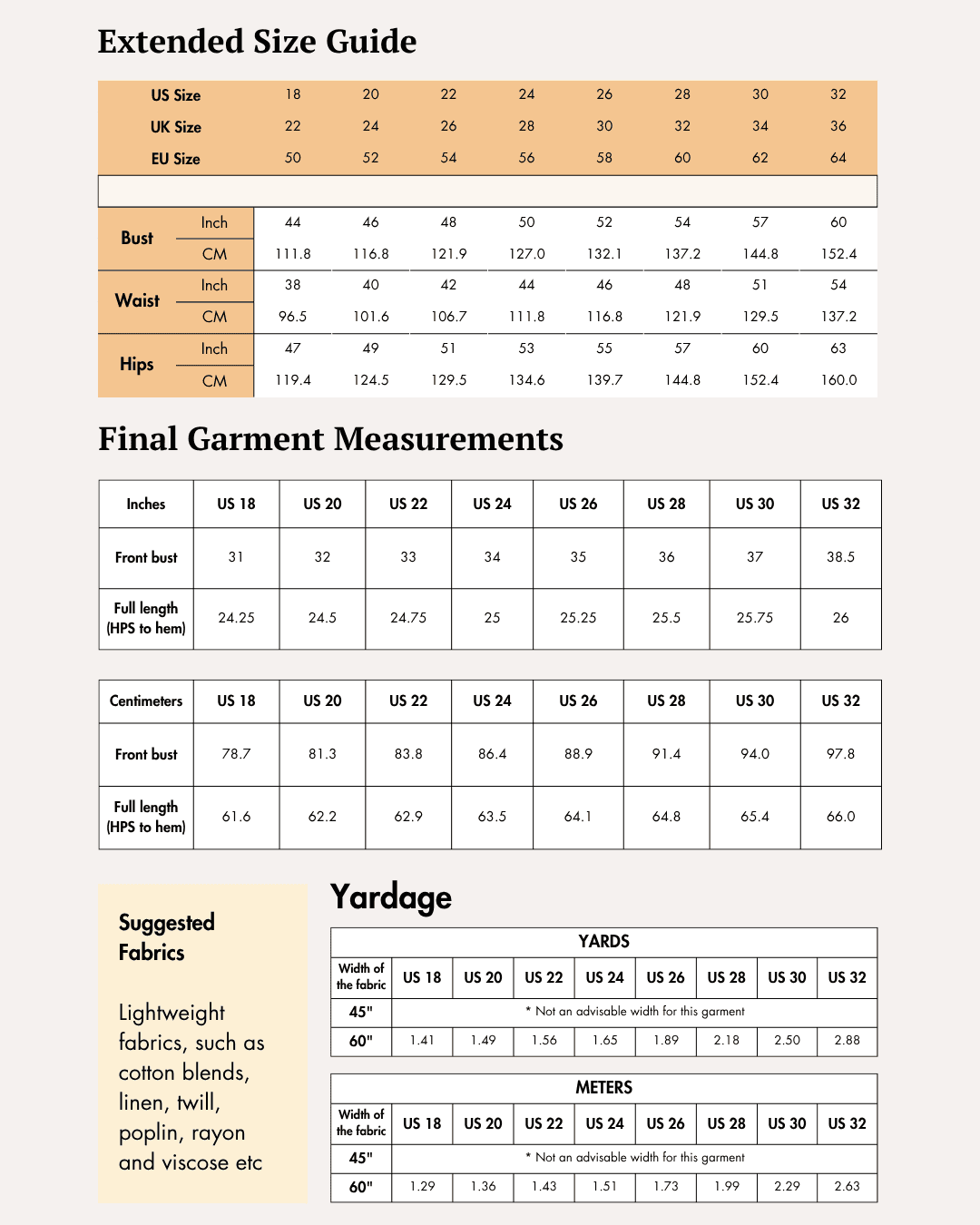 Extended Size Guide for Halter vest sewing pattern 