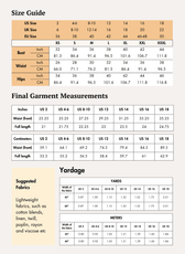 Size Guide for Halter vest sewing pattern 