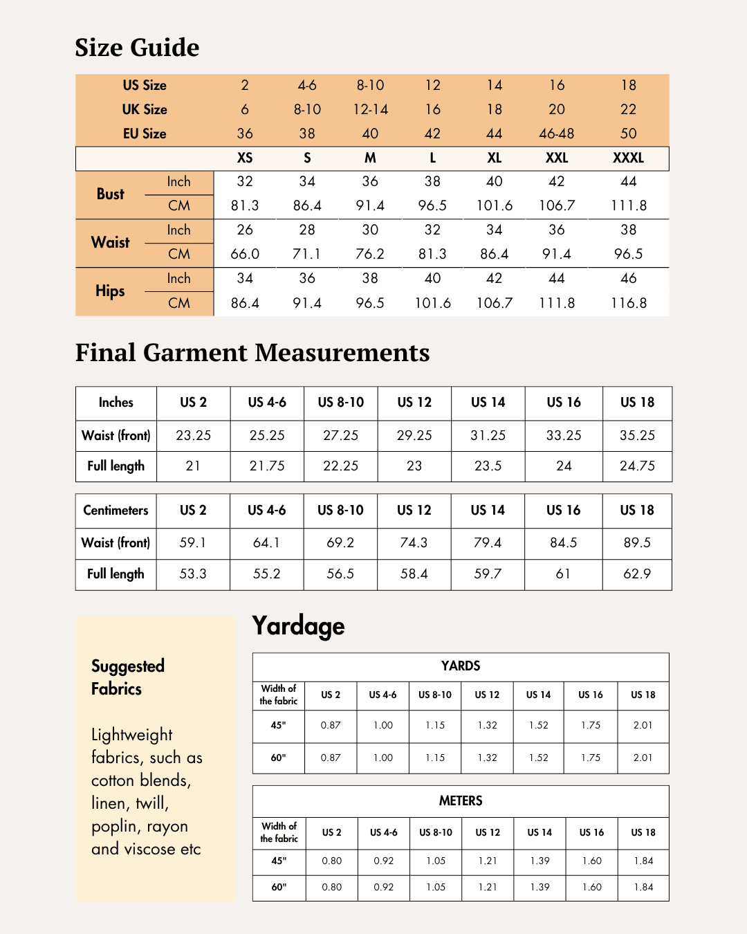Size Guide for Halter vest sewing pattern 