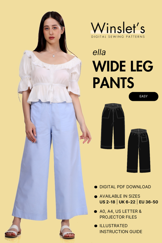 Wide Leg Pants Sewing Pattern - Ella. Digital PDF pattern with easy instructions, available in multiple sizes for a stylish and comfortable fit.