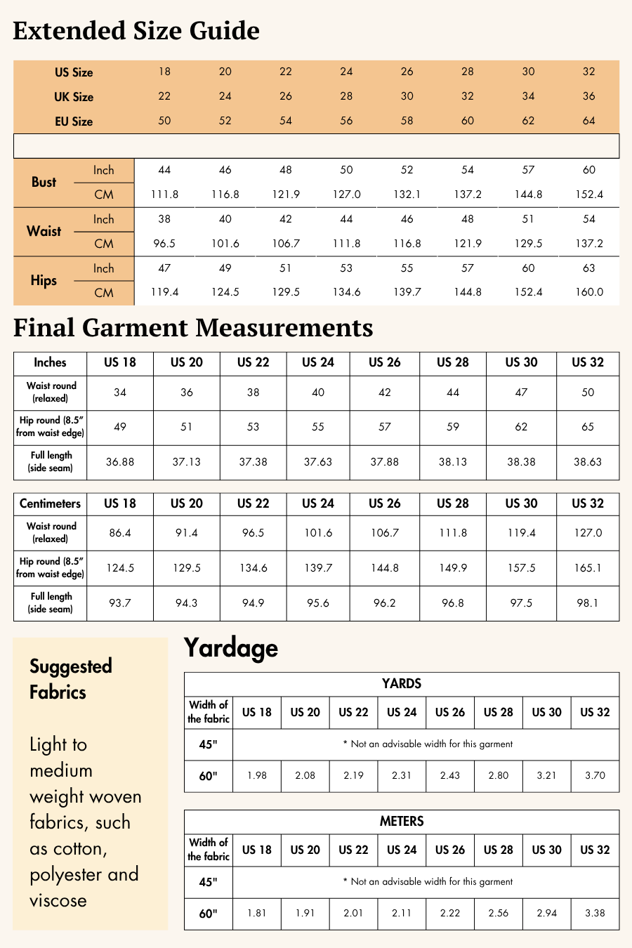 Extended Size Guide for Wide Leg Pants Sewing Pattern 'Ella'