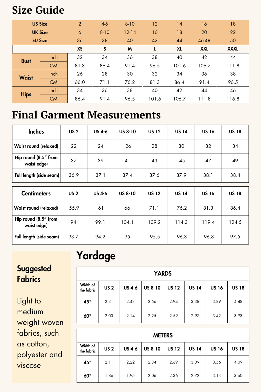 Size Guide for Wide Leg Pants Sewing Pattern 'Ella'