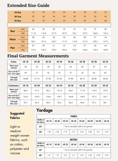 Extended Size guide chart for women's wide leg trousers sewing pattern with measurements for various sizes