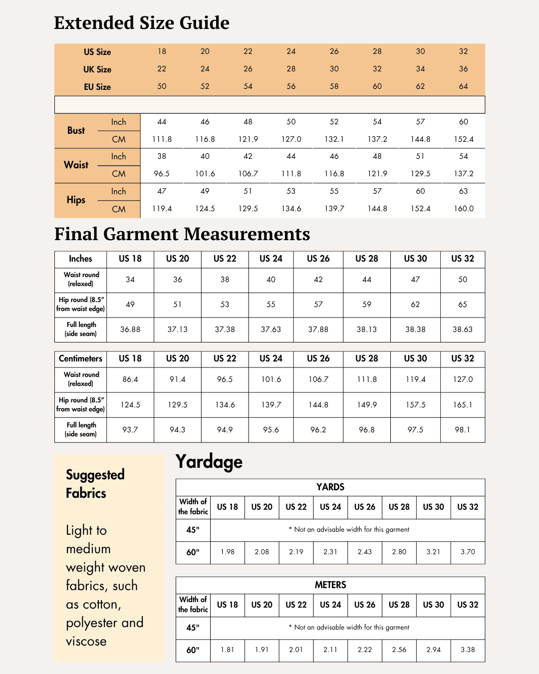 Extended Size guide chart for women's wide leg trousers sewing pattern with measurements for various sizes