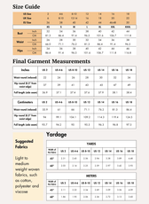 Size guide chart for women's wide leg trousers sewing pattern with measurements for various sizes