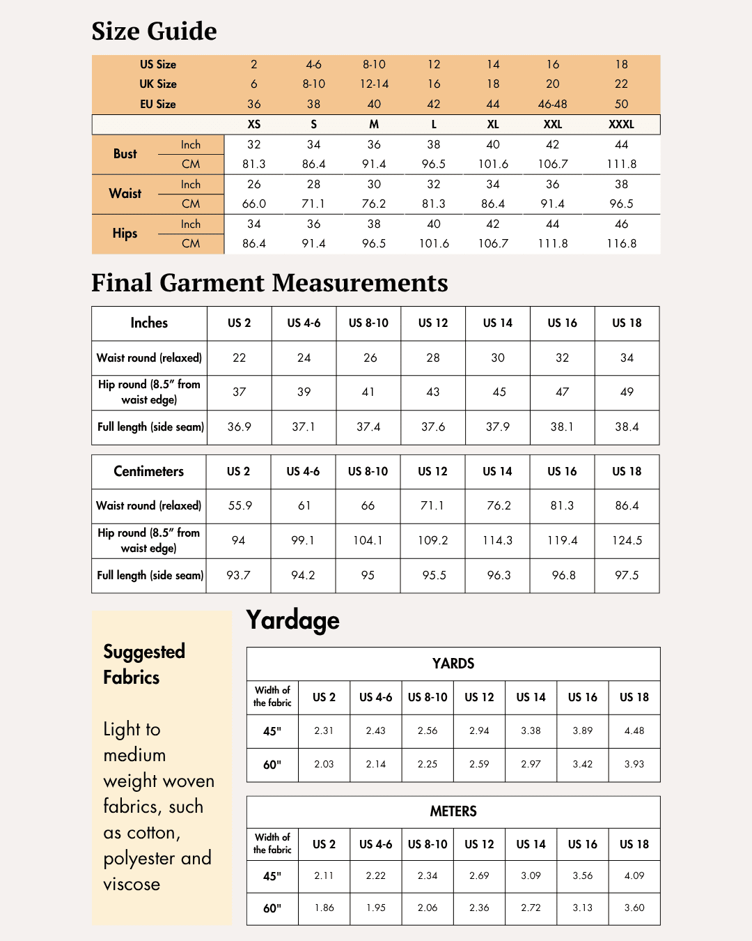 Size guide chart for women's wide leg trousers sewing pattern with measurements for various sizes