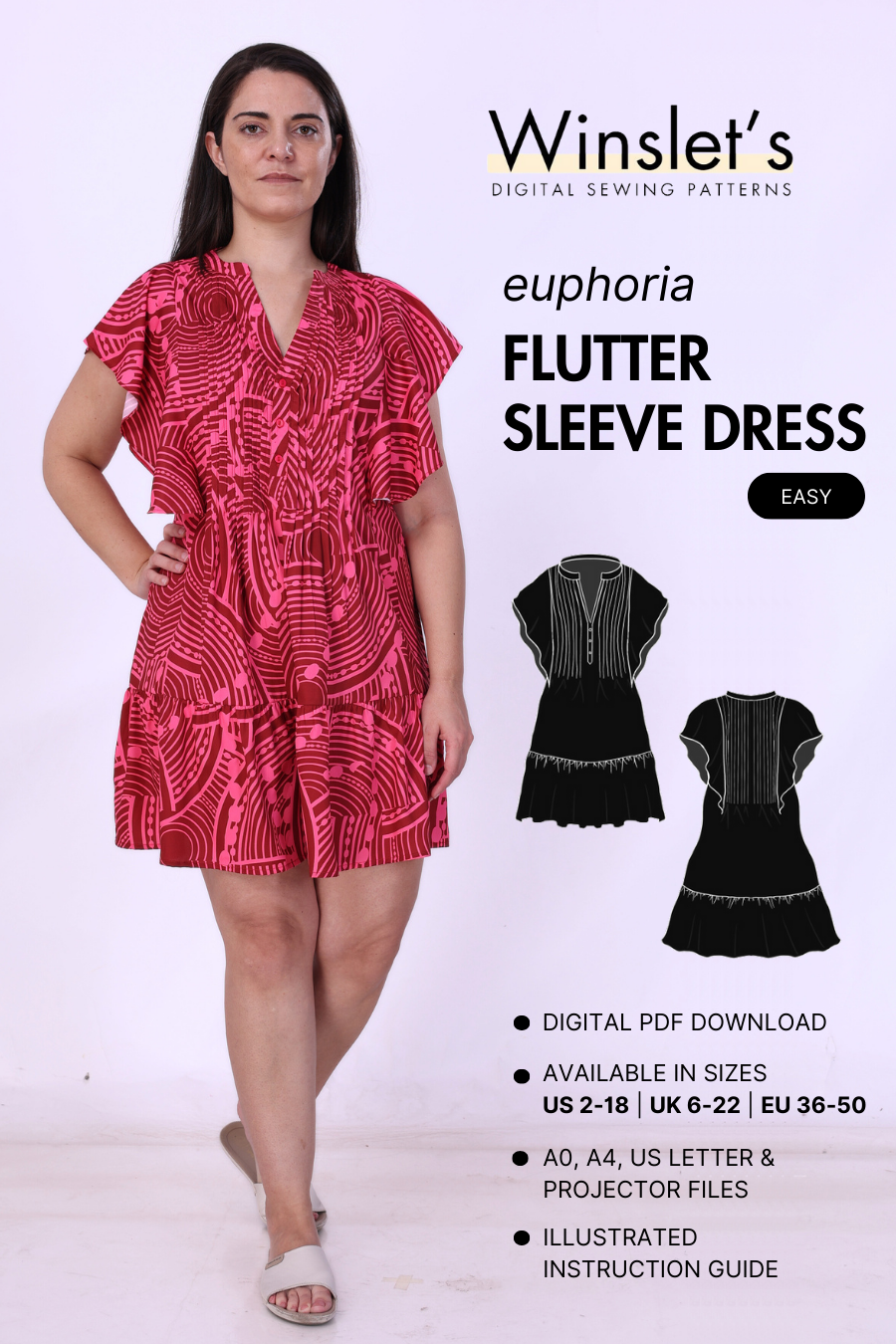 Flutter Sleeves Dress Pattern with fit and flare design. Digital sewing pattern available in multiple sizes with illustrated instructions for easy crafting.