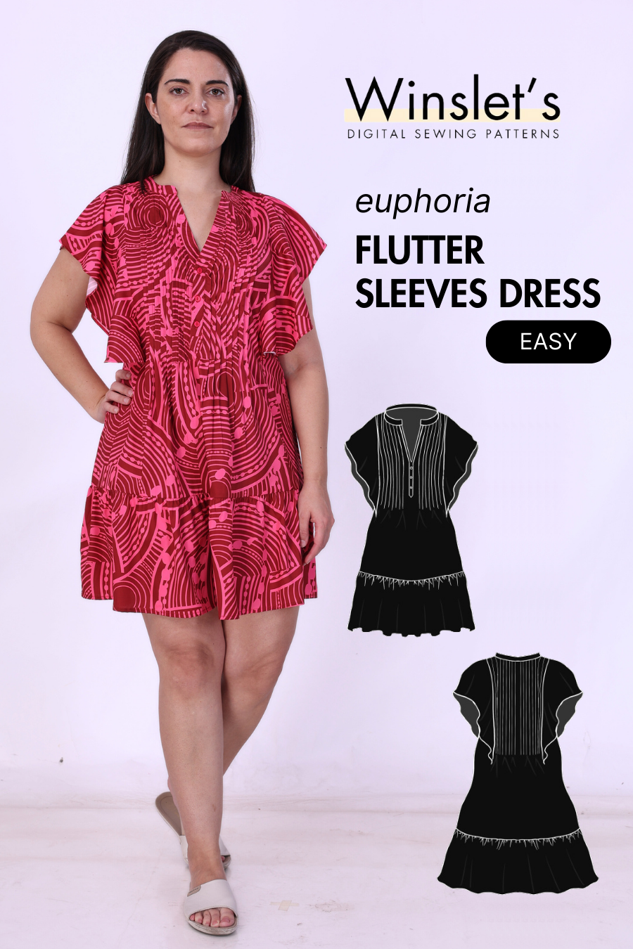 Flutter Sleeves Short Dress PDF Women's Sewing Pattern with V-neck, button placket, and tiered skirt in relaxed fit. Ideal for woven fabrics.