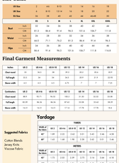 Size guide and fabric requirements for the Flutter Sleeves Dress Pattern. Includes measurements, fabric suggestions, and yardage details.