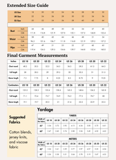 Extended size guide for sewing pattern with bust, waist, and hip measurements for larger sizes
