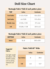 Doll swimwear fabric yardage chart for top, bottom, and frill pieces