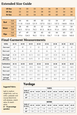 Extended size guide for the 'Diana' turtleneck T-shirt sewing pattern, detailing measurements and fabric yardage for plus sizes.