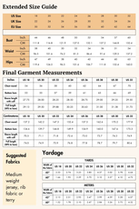 Extended size guide for the 'Rhea' hoodie sewing pattern, including garment measurements and fabric yardage recommendations.