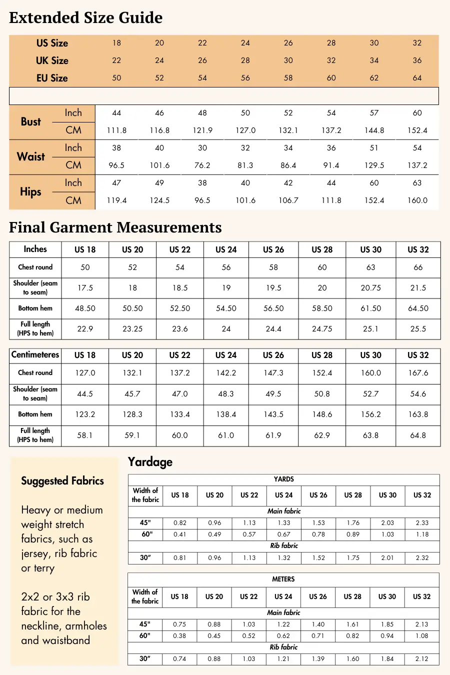 Extended size guide and fabric recommendations for the 'Nadine' sweater vest sewing pattern. Suitable for heavy or medium-weight stretch fabrics.