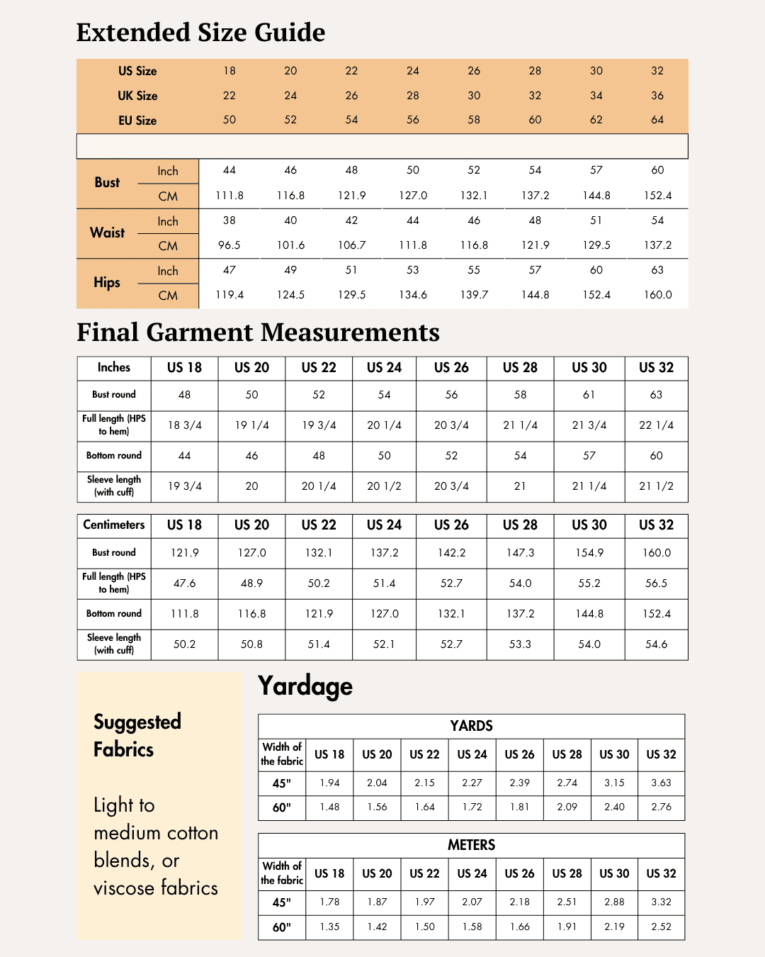 Extended Size guide of belted cropped shirt sewing pattern