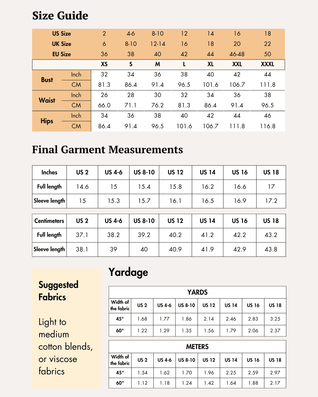 Size guide of belted cropped shirt sewing pattern