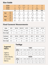 Size guide of belted cropped shirt sewing pattern