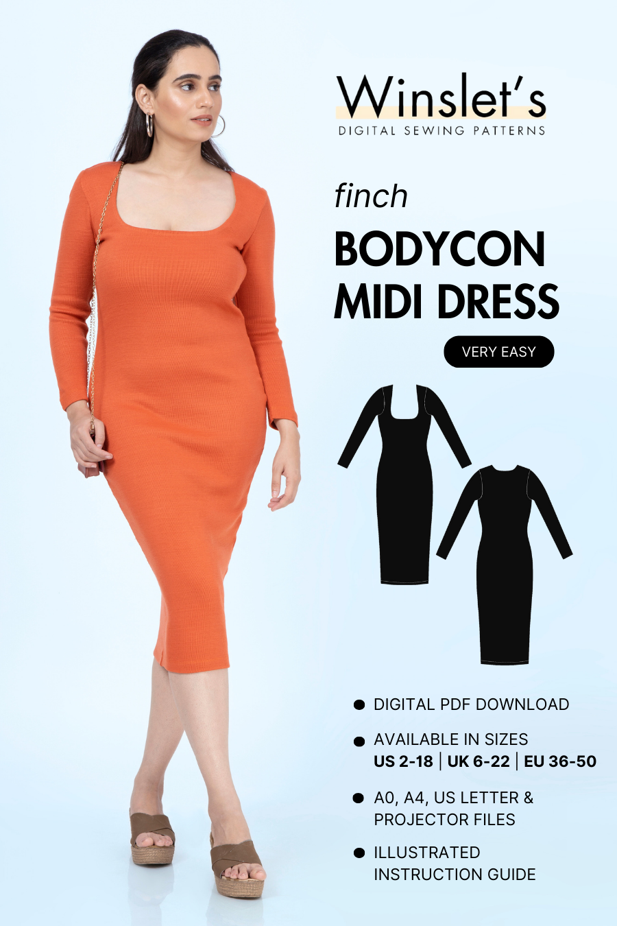 Winslet's Patterns 'Finch' Bodycon Midi Dress sewing pattern with long sleeves and square neckline. Digital PDF download with multiple size options.