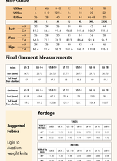 Size guide and fabric recommendations for the 'Finch' Bodycon Midi Dress sewing pattern. Includes measurements, yardage, and suggested knit fabrics.