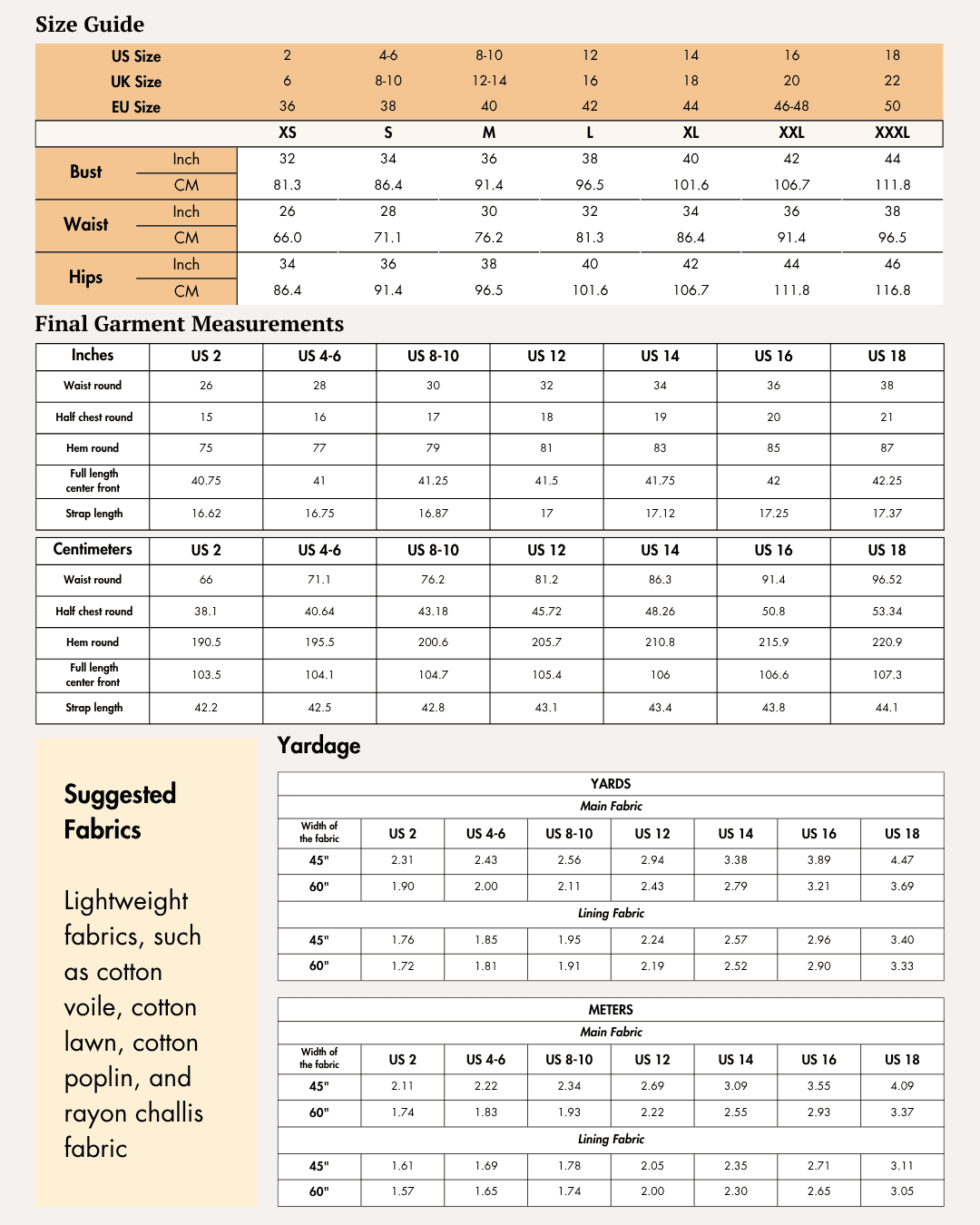 Size guide chart for women's midi dress sewing pattern, including bust, waist, hips, and garment measurements in inches and centimeters