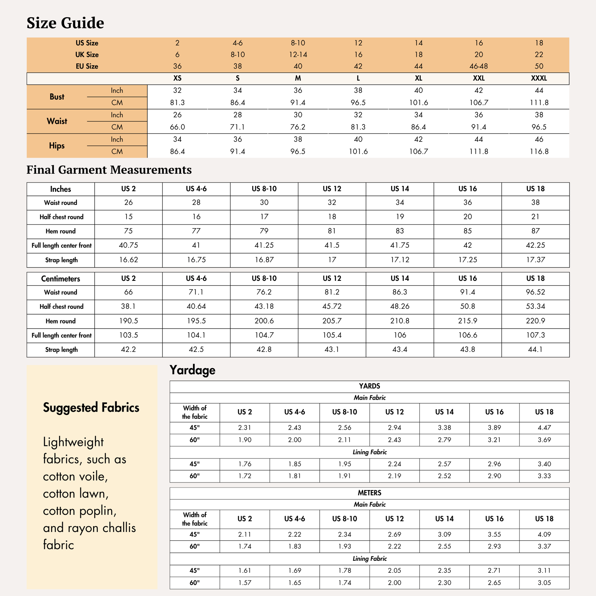 Size guide chart for 'Fiona' midi dress sewing pattern