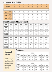Extended Size Guide, Garment Measurements and Yardage for high-waisted ruffle hem shorts