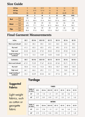 Size Guide, Garment Measurements and Yardage for high-waisted ruffle hem shorts