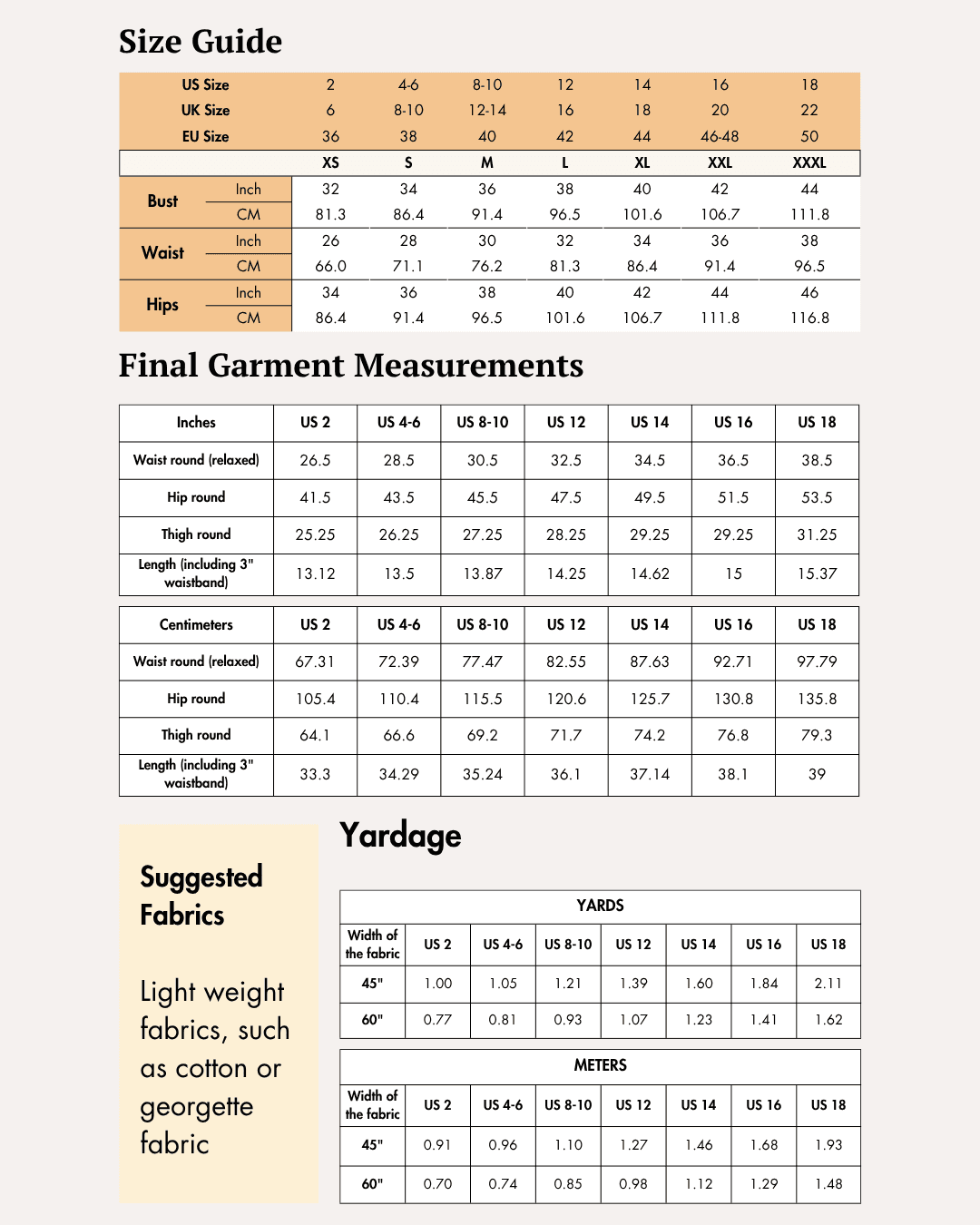 Size Guide, Garment Measurements and Yardage for high-waisted ruffle hem shorts