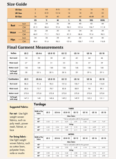 size guide chart for women's sewing pattern with bust, waist, hips, and garment measurements