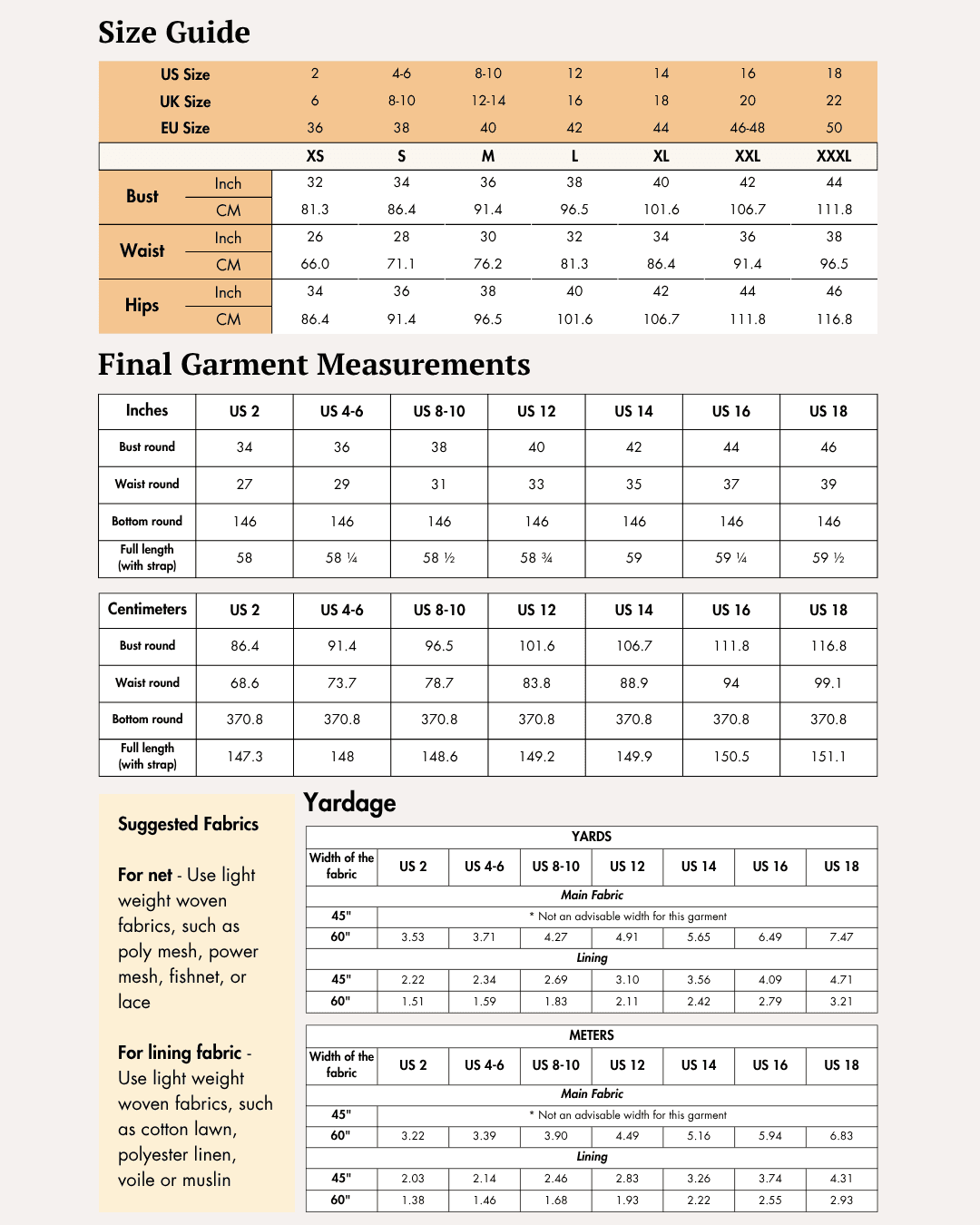 size guide chart for women's sewing pattern with bust, waist, hips, and garment measurements