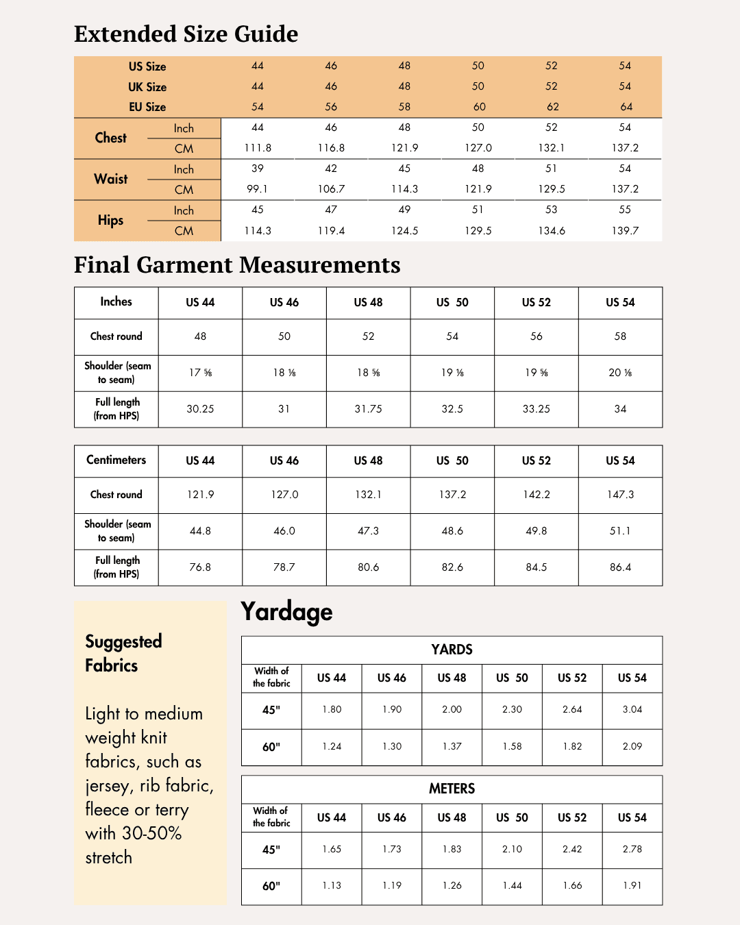 Extended size guide with chest, waist, hips, and garment measurements for men's vest pattern 'Freddie'