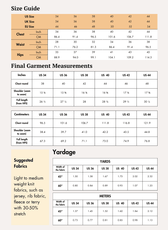 Size guide and detailed measurements for men's vest sewing pattern 'Freddie' in various sizes