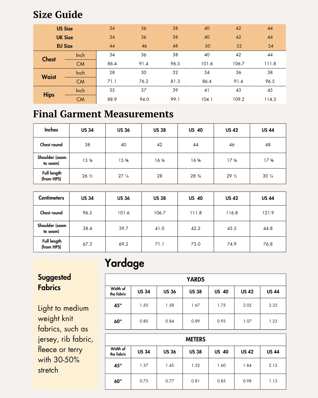 Size guide and detailed measurements for men's vest sewing pattern 'Freddie' in various sizes