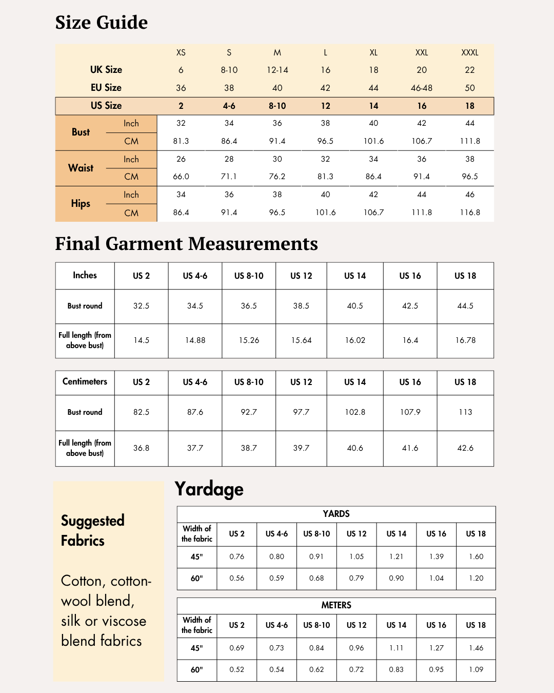 Size Guide of pink tie-dye style top, sewing pattern product image