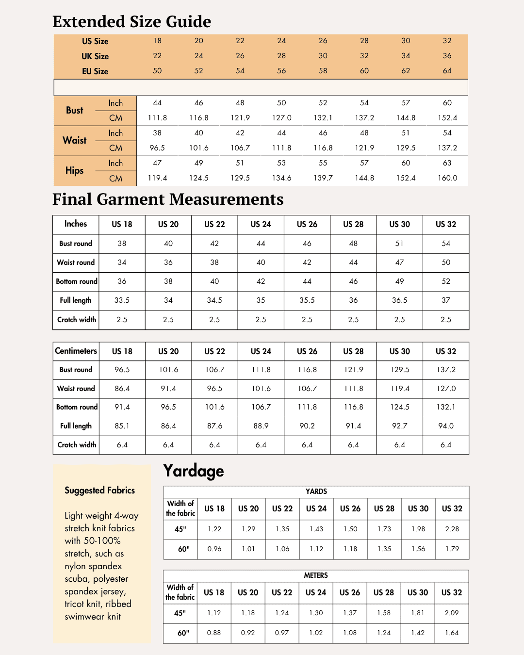 Extended Size Guide for Women’s Bodysuit Sewing Pattern 'Gabby' PDF