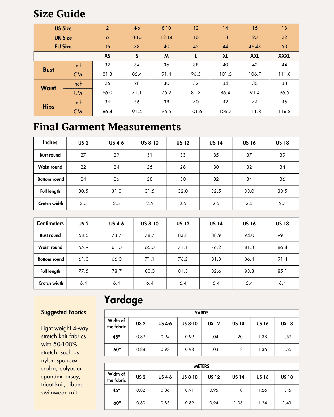 Size Guide for Women’s Bodysuit Sewing Pattern 'Gabby' PDF