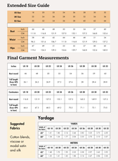 Extended Size guide chart for women's sewing pattern 'Gleam' with measurements for bust, waist, and hips in inches and centimeters