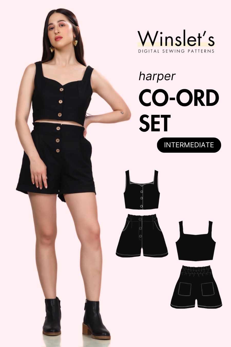 Cropped waistcoat and high-waisted shorts PDF sewing pattern for women by Winslet's. Includes front button crop top and zip fly shorts with pockets.