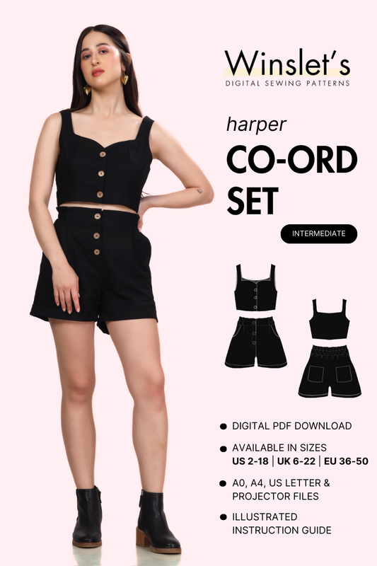 Coord Set Sewing Pattern 'Harper' featuring a stylish crop top with button details and high-waisted shorts. Digital PDF pattern with illustrated guide.