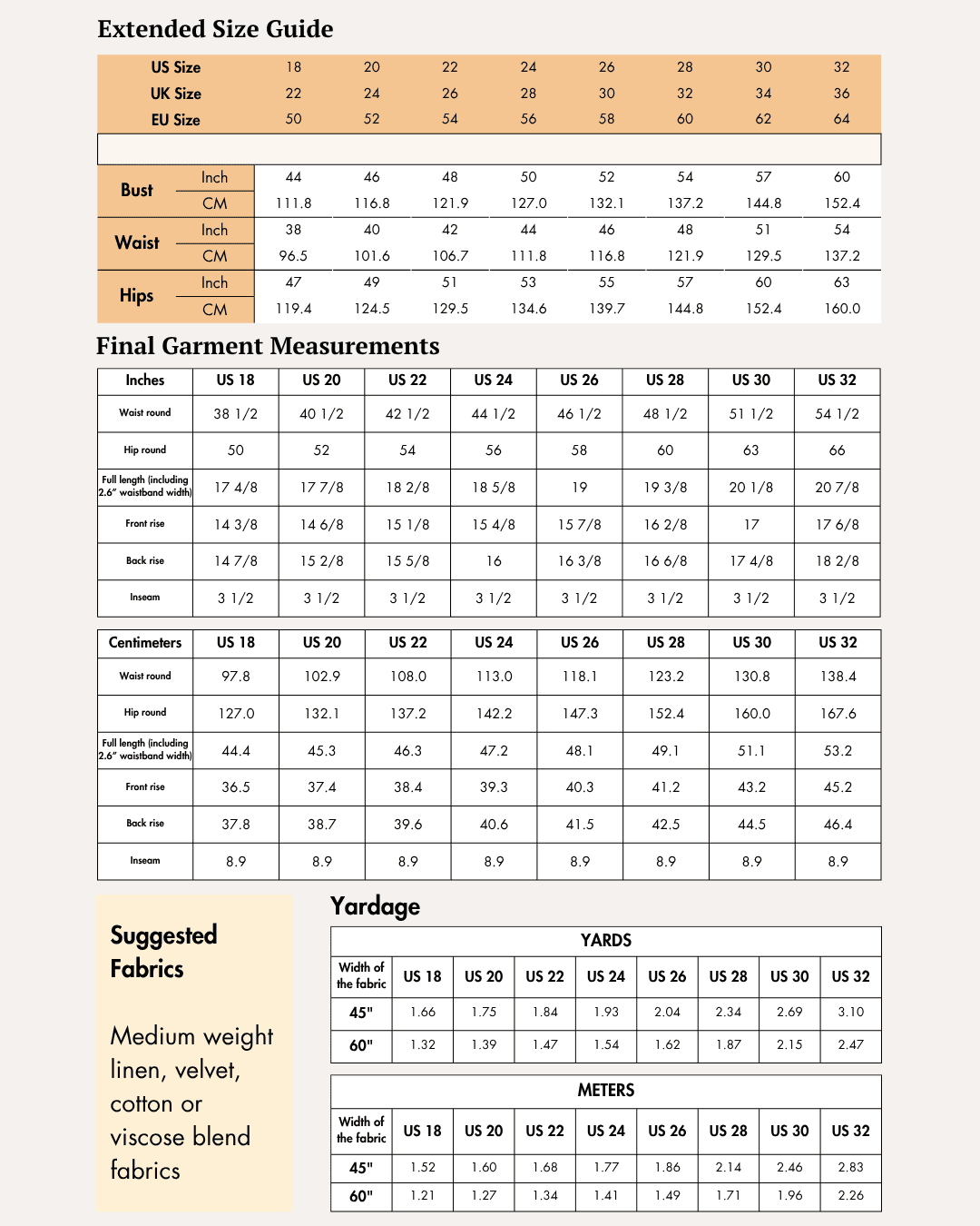 Extended Size guide and garment measurements for harper high waisted shorts sewing pattern